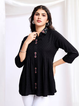 MOJILAA - Women Black Pure Viscose Floral Embroidered Shirt Style Top