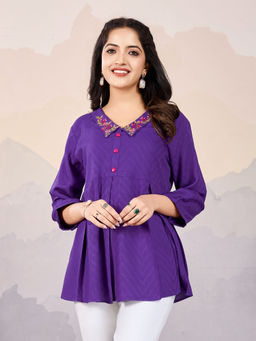 MOJILAA - Women Purple Pure Viscose Floral Embroidered Peplum Top