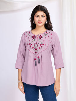 MOJILAA - Women Mauve Floral Embroidered A-Line Top