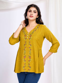 MOJILAA - Women Mustard Floral Embroidered A-Line Top