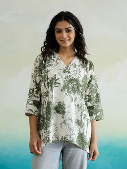 SAY - Women Green V-Neck Pure Cotton Casual Top