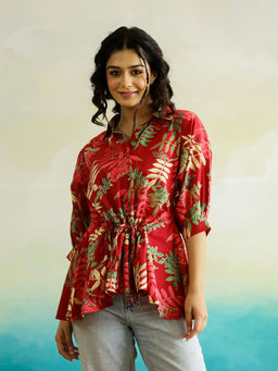 SANSKRUTIHOMES - Women Red Collar Neck Regular Fit Casual Top