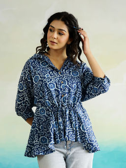 SAY - Women Blue Collar Neck Regular Fit Casual Top