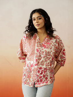 SAY - Women Floral Pink Pure Cotton Regular Fit Casual Top