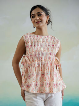 SAY - Women Beige Boat Neck Pure Cotton Casual Top