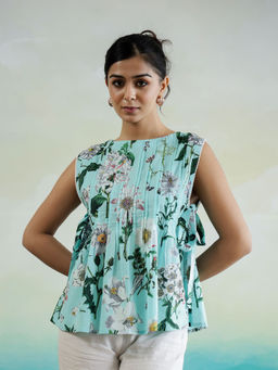 SAY - Women Blue Boat Neck Pure Cotton Casual Top