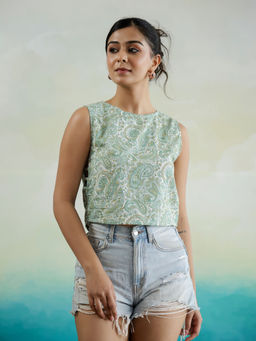 SAY - Women Green Boat Neck Pure Cotton Crop Top