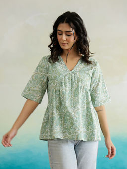 SAY - Women Green V-Neck Pure Cotton Half Sleeves Regular Fit Casual Top