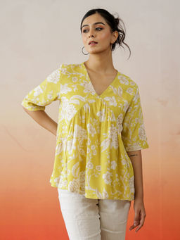 SAY - Women Yellow V-Neck Pure Cotton Half Sleeves Regular Fit Casual Top