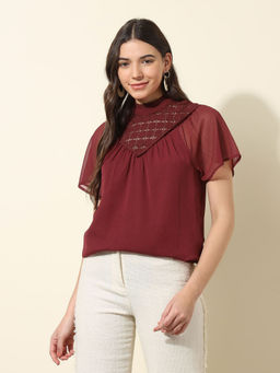 U.S. POLO ASSN. - Maroon Lace Detailed Top