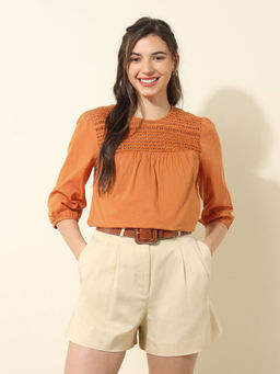 U.S. POLO ASSN. - Orange Lace Yoke Design Top