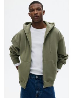 H&M - Men Green Loose Fit Zip-Through Hoodie