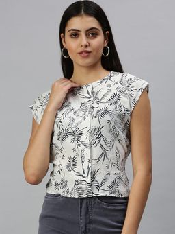 SHOWOFF - Women Round Neck Cap Printed White Top