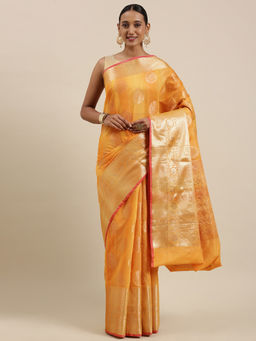 Banarasi Silk Works - Mustard Matka Silk Boota Skirt Border Saree with Unstitched Blouse