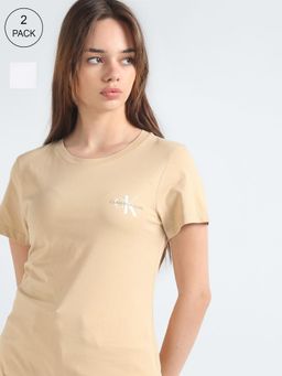 Calvin Klein - Women Multi-Color Solid Slim-Fit Cotton T-Shirts (Pack of 2)