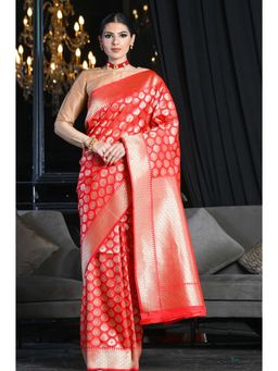 Beatitude - Red Soft Silk Banarasi Woven Saree with Unstitched Blouse