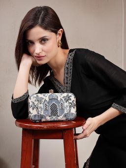 Anekaant - Glided Gleam Beige and Navy Faux Silk Palace Embroidered Clutch
