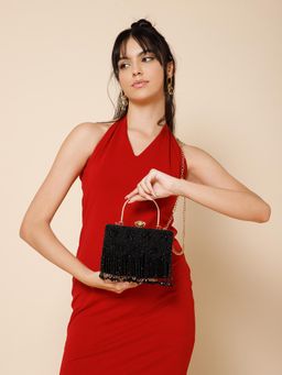 Anekaant - Crystal Cascade Black and Gold Beaded Velvet Clutch