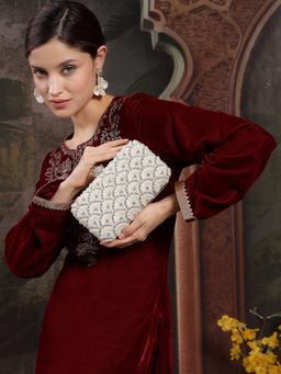 Anekaant - Opal Thread Pearl and Silver Faux Silk Scallop Beaded Clutch