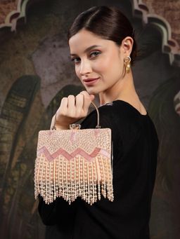 Anekaant - Crystal Cascade Blush Pink and Champagne Velvet Chevron Embellished Clutch