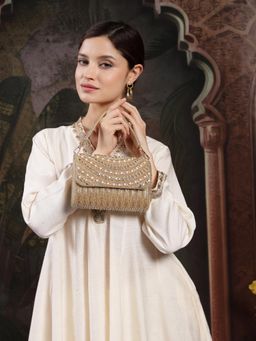 Anekaant - Blush and Bead Antique Gold Faux Silk Arc Beaded Clutch