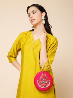 Anekaant - Glided Gleam Magenta Pearl and Multi Peacock Embroidered Faux Silk Clutch