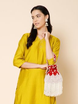 Anekaant - Dewdrop Fringe Deep Red and Pearl White Beaded Velvet Potli Bag