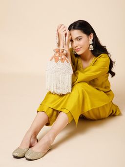 Anekaant - Dewdrop Fringe Burnt Orange and Pearl White Beaded Velvet Potli Bag