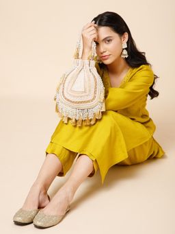 Anekaant - Dewdrop Fringe Champagne Gold and Ivory Embellished Velvet Potli Bag