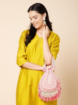 Anekaant - Dewdrop Fringe Coral Pink and Ivory Embellished Velvet Potli Bag