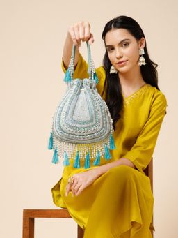 Anekaant - Dewdrop Fringe Blue and Ivory Embellished Velvet Potli Bag