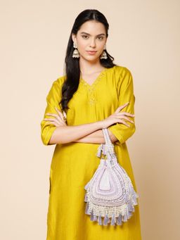 Anekaant - Dewdrop Fringe Light Lavender and Ivory Embellished Velvet Potli Bag