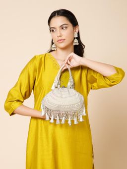 Anekaant - Dewdrop Fringe Ivory Pearl and White Embellished Velvet Clutch