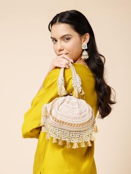 Anekaant - Dewdrop Fringe Champagne Gold and Ivory Embellished Velvet Clutch