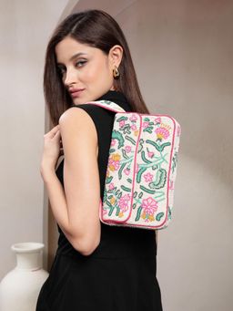 Anekaant - Beaded Botanica Ivory and Multi Canvas Floral and Vine Motifs Embroidered Handbag