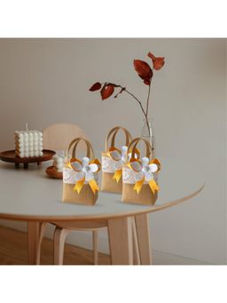 JASMEY HOMES - Pack Of 3 Burlap Lace Flower Gift Basket Style Handbag - Yellow