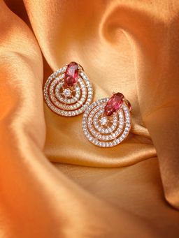 Saraf RS Jewellery - Rose Gold Plated Magenta And White Ad Studded Concentric Brass Studs Earrings