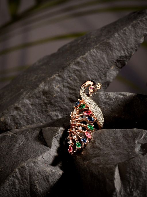 Saraf RS Jewellery Rose Gold Plated Multi Colour Ad Studded Peacock Handcrafted Finger Ring