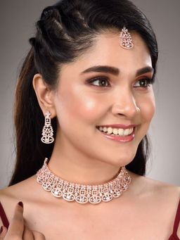 Saraf RS Jewellery - Rose Gold Plated White AD Choker with Dropdown Earrings Jewellery (Set of 3)