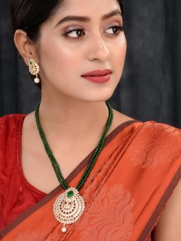 Saraf RS Jewellery - Gold Plated Polki Studded with Green Beads Mala Princess Necklace (Set of 2) (Onesize)