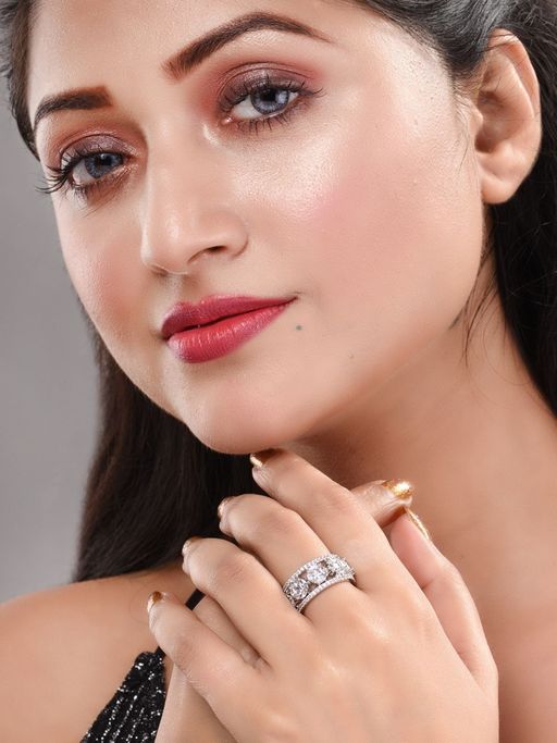 Saraf RS Jewellery Silver Rhodium Plated White Ad Studded Band Challa Finger Ring