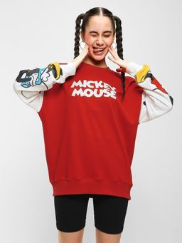 Bewakoof - Official Disney Women's Red Mickey Mouse Graphic Printed Oversized Plus Size Sweatshirt