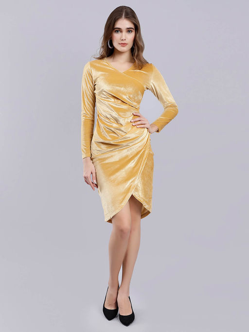 gold velvet wrap dress Long-sleeve Gold Velvet Wrap Maxi Dress