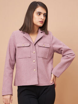Gipsy - Women Notched Lapel Full Sleeves Wool Fabric Pink Coat