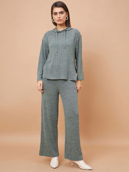 Gipsy - Women Hooded Full Sleeves Polyester Fabric Green Hoodie With Pant (Set of 2)