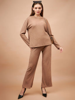 Gipsy - Women Round Neck Full Sleeves Polyester Fabric Brown Top With Pant (Set of 2)