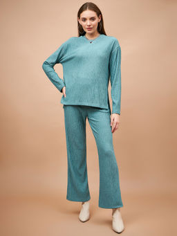 Gipsy - Women Round Neck Full Sleeves Polyester Fabric Green Top With Pant (Set of 2)