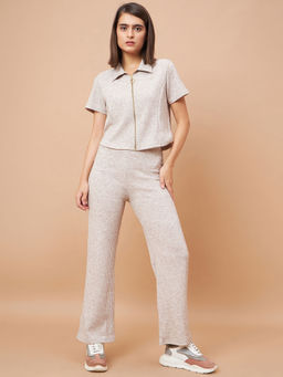 Gipsy - Women Collar Neck Half Sleeves Polyester Fabric Beige Jacket With Pant (Set of 2)