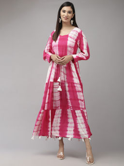 Yufta - Women Pink & White Tie And Dye Dyed Maxi Dress with a Belt