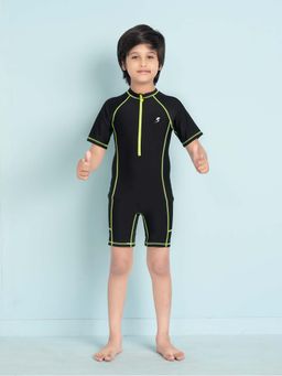 Aarika - Boys Black-Green Solid Nylon Swim Suit